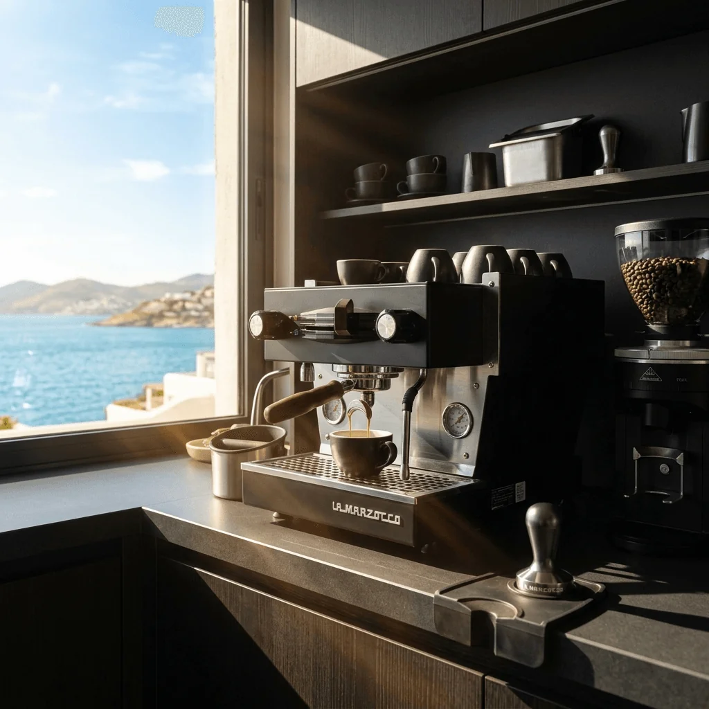 A high-end luxury espresso machine and barista station